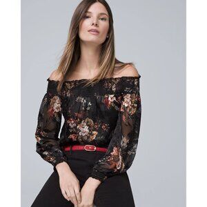 White House Black Market Silk Burnout Floral Off-the-Shoulder Top Size Small NWT